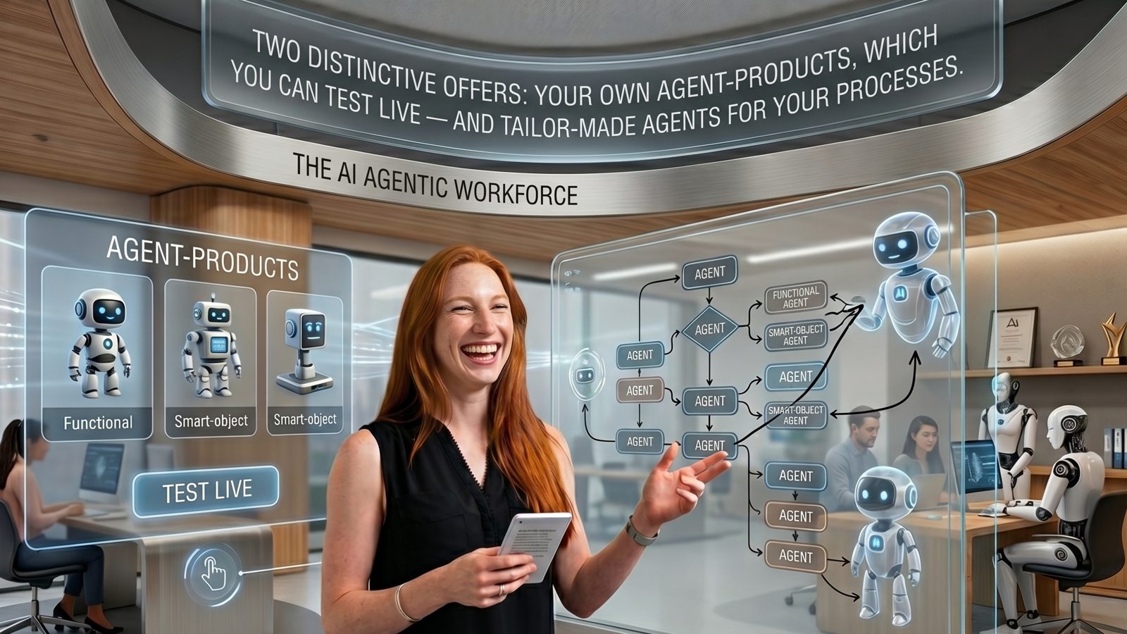 Zwei Angebote: eigene Agent-Produkte zum Live-Testen und maßgeschneiderte Agenten für Ihre Prozesse — die agentische KI-Workforce.
