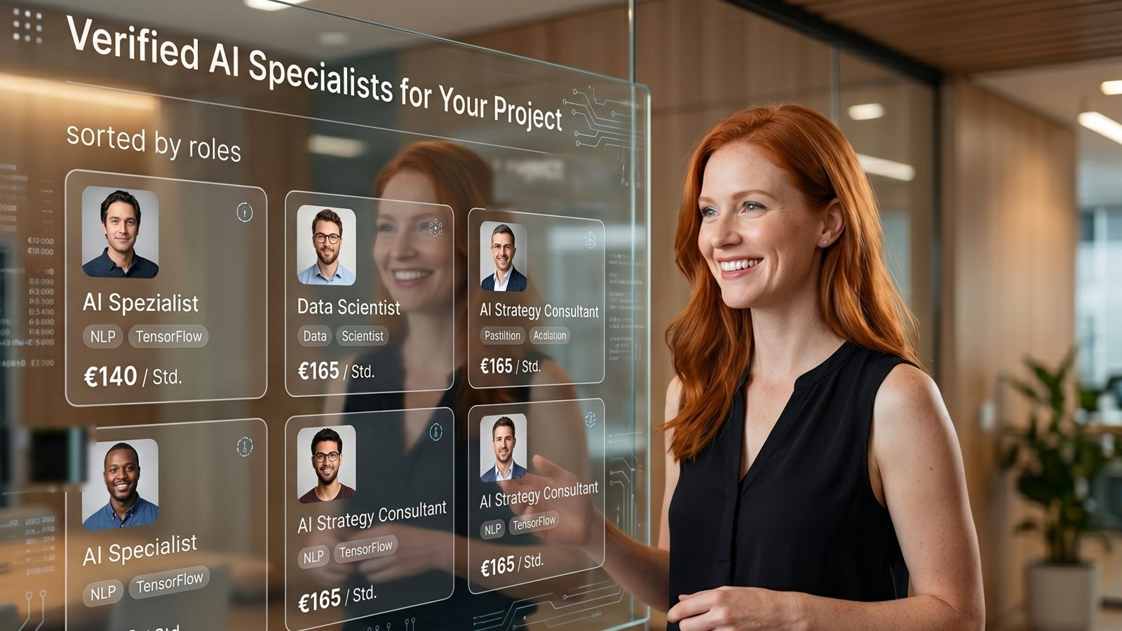 Geprüfte KI-Spezialisten nach Rollen — vom AI Specialist über Data Scientist bis zum AI Strategy Consultant, mit Stundensätzen.